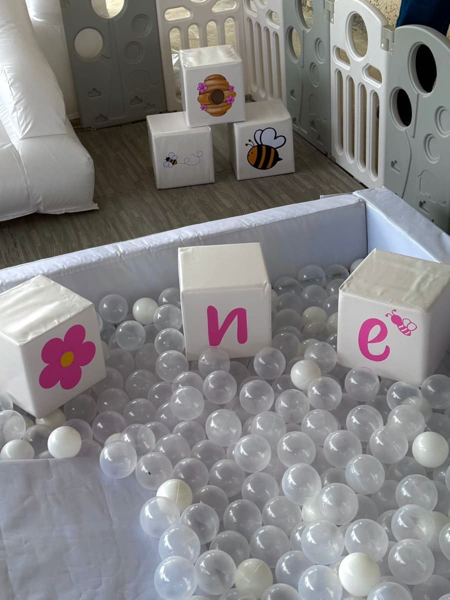 Cubos personalizados con abeja, panal y letras ONE en la alberca de pelotas